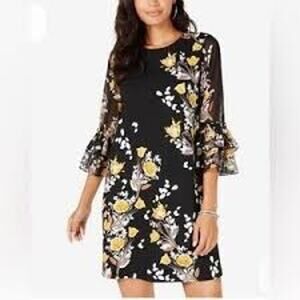 Alfani | 14 | Dress Short Floral Dark Black Womens Shift 3/4 Sleeve Stretch